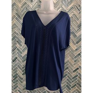 WOMENS ADRIANNA PAPELL NAVY BLUE SHORT SLEEVE EMBROIDERED V NECK SHIRT TOP LARGE